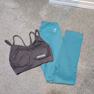 Gymshark leggings and bra sets, size S, mint green and light brown